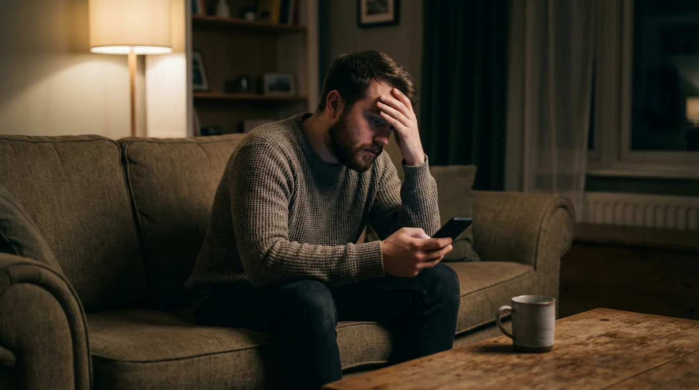 Jeune homme seul assis dans une pièce sombre, téléphone en main, ambiance sobre