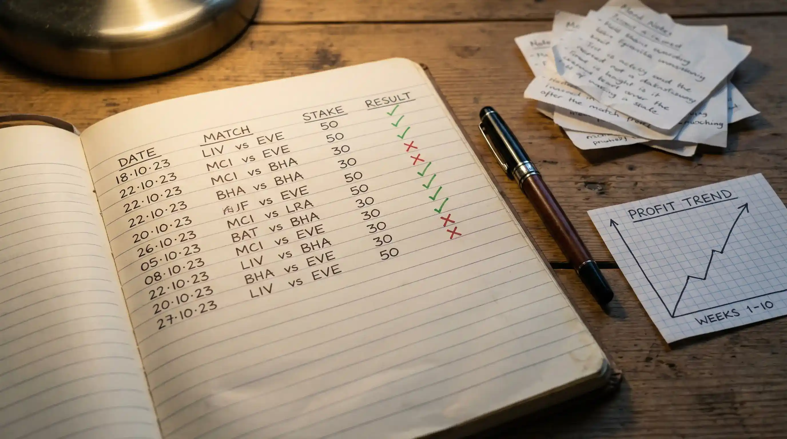 Carnet de notes ouvert avec suivi structuré de paris sportifs
