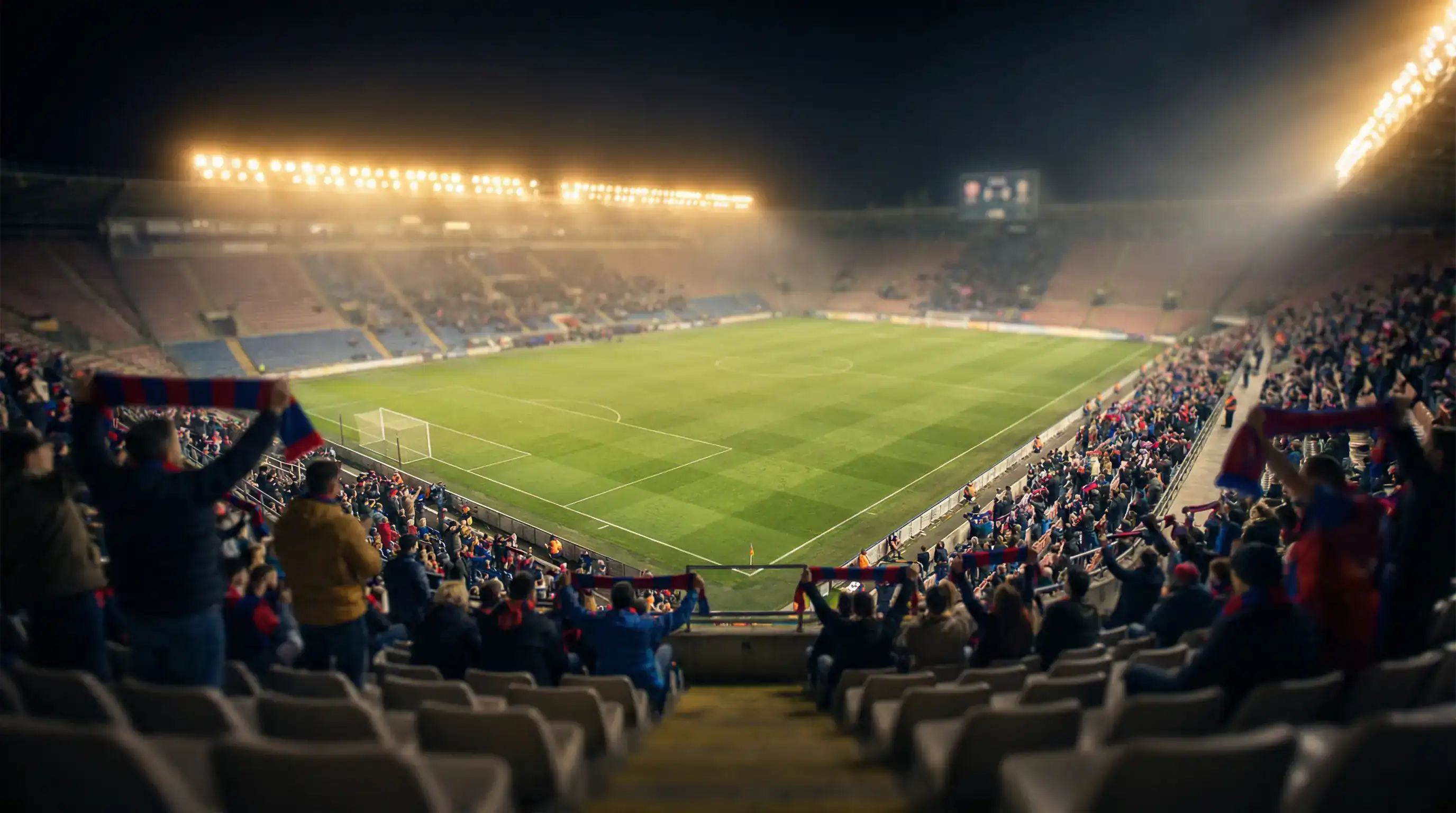 Stade de football vu depuis les tribunes avec un éclairage nocturne et une ambiance de match
