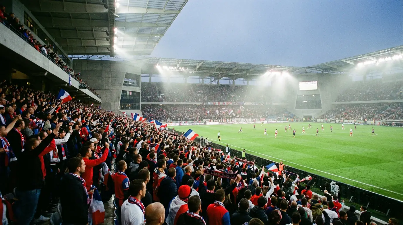 Supporters dans un stade de football français regardant le match depuis les tribunes